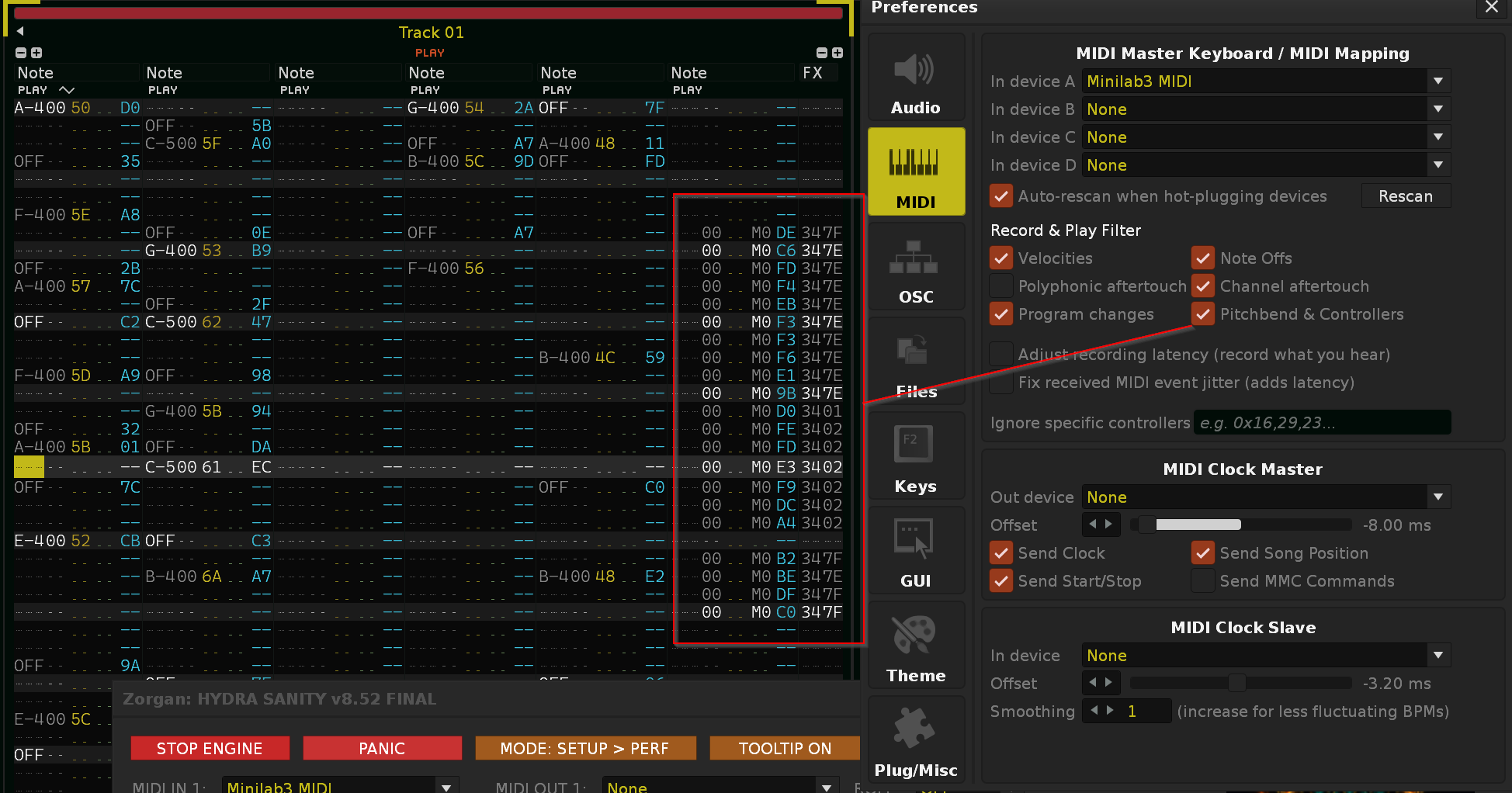 Renoise MIDI Record and Play Filter setting for HYDRA SANITY shared MIDI input