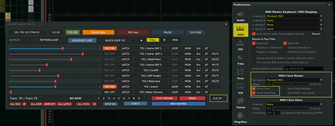 Renoise MIDI Clock Master setup for HYDRA SANITY CLK UP and external MIDI arpeggiator autostart