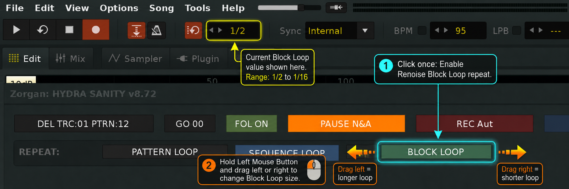 HYDRA SANITY advanced Block Loop control showing selection of pattern fractions