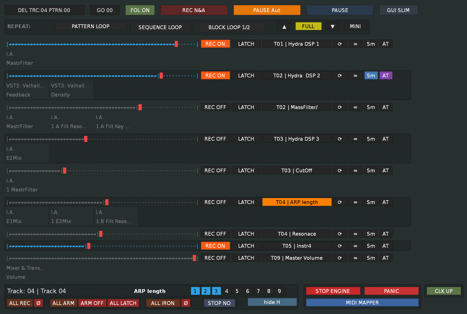 HYDRA SANITY FULL GUI showing expanded HYDRA Rows, HYDRA DSP OUT 1 to 9 details, FULL and MINI controls, and row navigation arrows