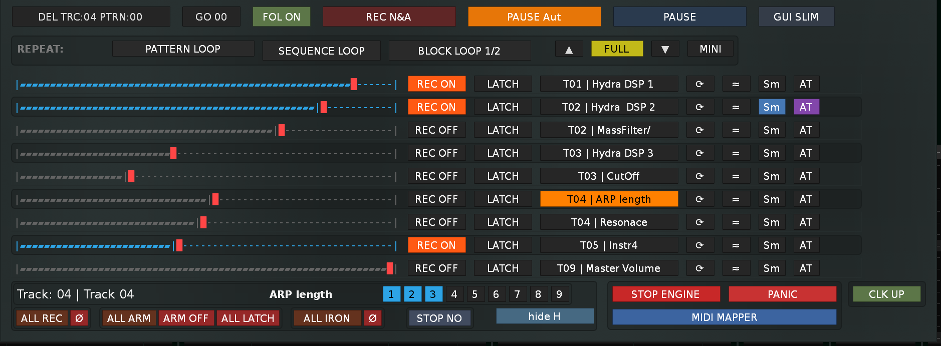 HYDRA SANITY SLIM GUI showing several compact HYDRA Rows with live value meters, REC states and graph tools