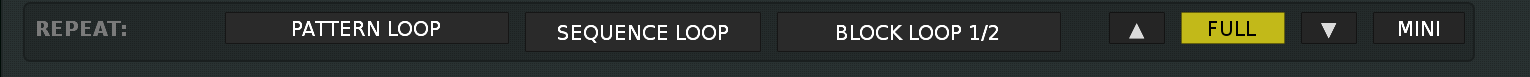 HYDRA SANITY REPEAT control row showing Pattern Loop, Sequence Loop and Block Loop controls for Renoise playback